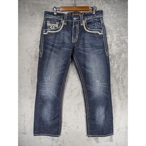 Rock Revival Men's Sz 34x32 Relaxed Thick Stitch Flaps Straight Distressed FLAW
